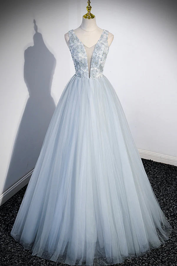 Wholesale Cute V-Neck Tulle Long Prom Dress Gray Evening Dress Party Dress